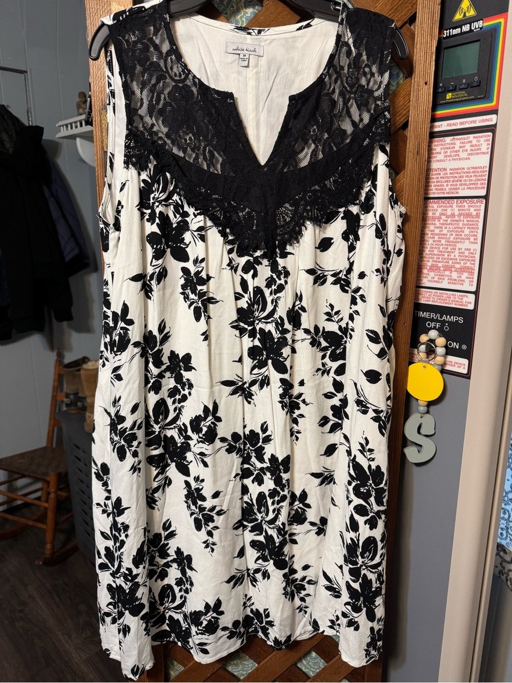white birch Black & White Floral Dress with Lace Yoke